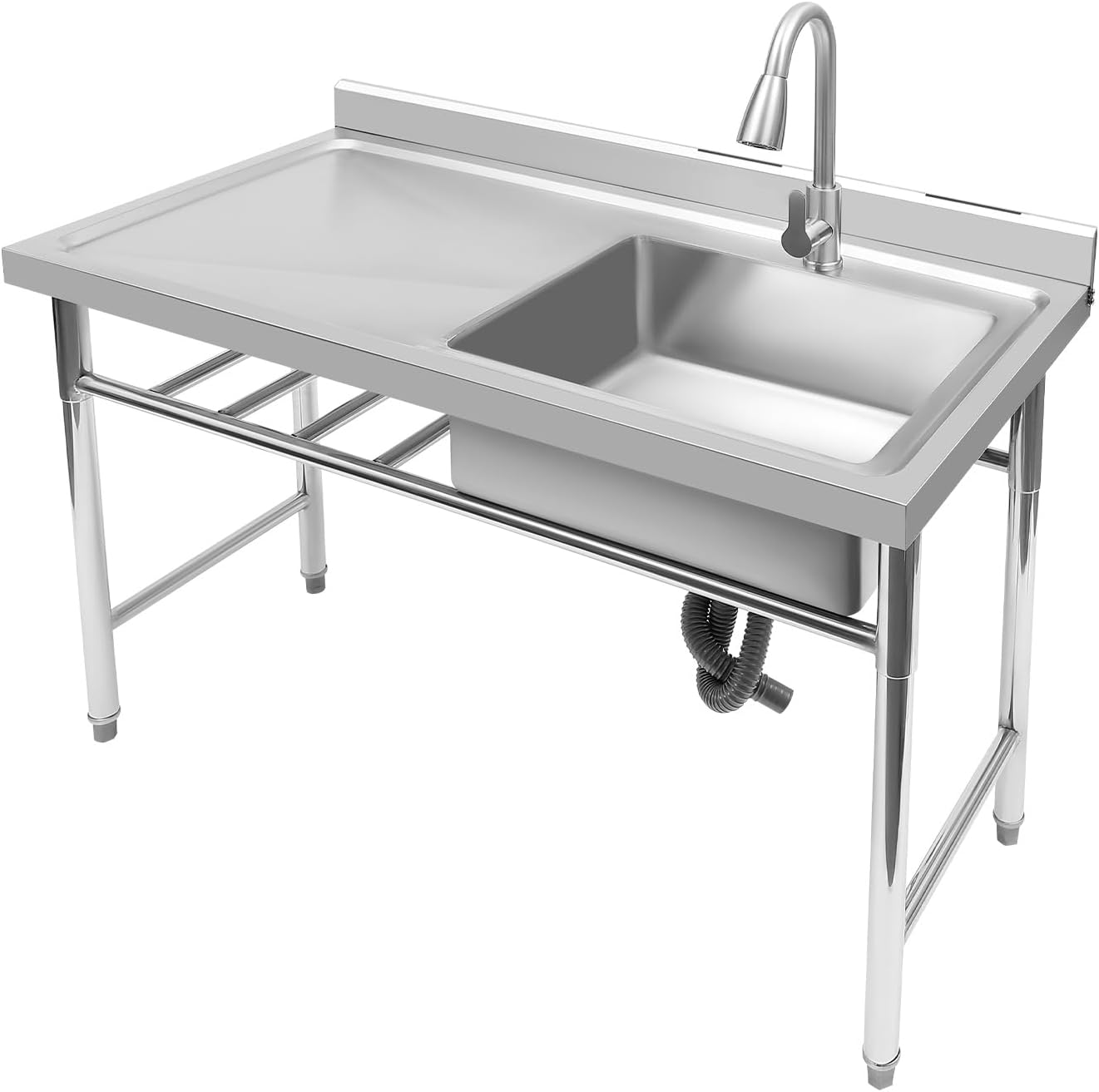 Free Standing Single Bowl Kitchen Sink, Commercial Stainless Steel Sink with Hot and Cold Faucet, Free Standing Utility Sink for Garage, Restaurant, Kitchen (47.2" W x 23.6" D x 31.5" H)