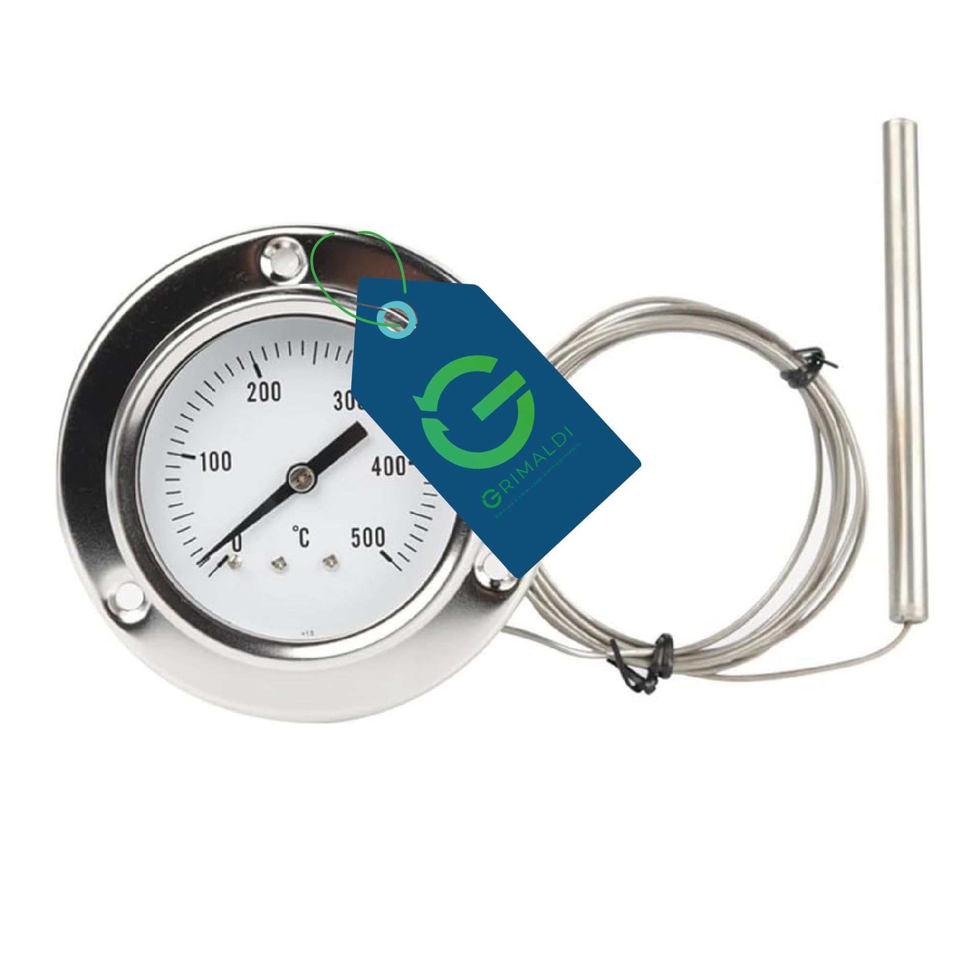 G GRIMALDI Termometro per Forno 0-500°C con Sonda Flessibile in Acciaio Inox, Pirometro Analogico per Forno a Legna, Pizza, BBQ, Flangia 3 Fori, Ø 67 mm