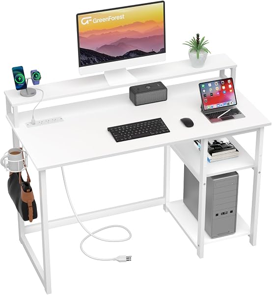 GreenForest Computer Desk with USB Charging Port and Power Outlet, Reversible Small Desk with Monitor Stand and Storage