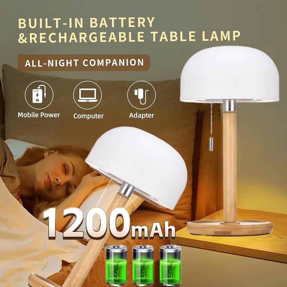 Lampada da tavolo ricaricabile in legno LED Senza Fili lampada da comodino Dimmerabile con interruttore a tirare,3000k-6000k, piccola luce da tavolo portatile per interni camera da letto ristorante