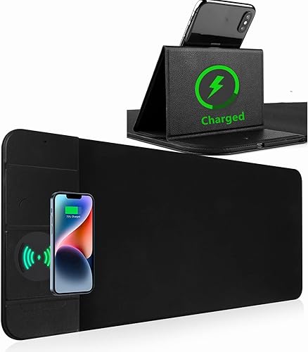 Alfombrilla de mouse de carga inalámbrica de 15 W de carga rápida con soporte plegable para teléfono, alfombrilla de mouse para juegos, base de