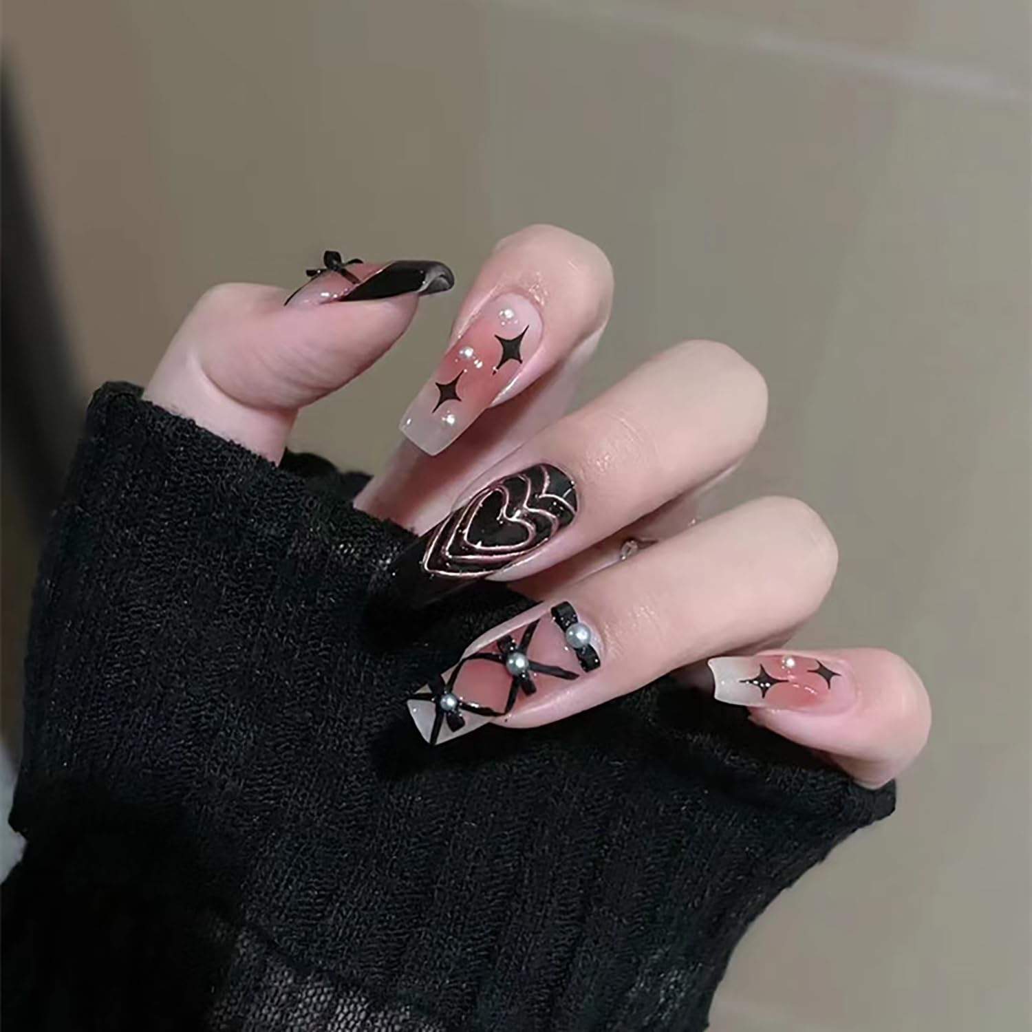 Vezocim Black Press on Nails Square Medium 24Pcs Glossy Full Cover Coffin French Tips Fake Nails with Heart Bow Pearl Designs Artificial Acrylic False