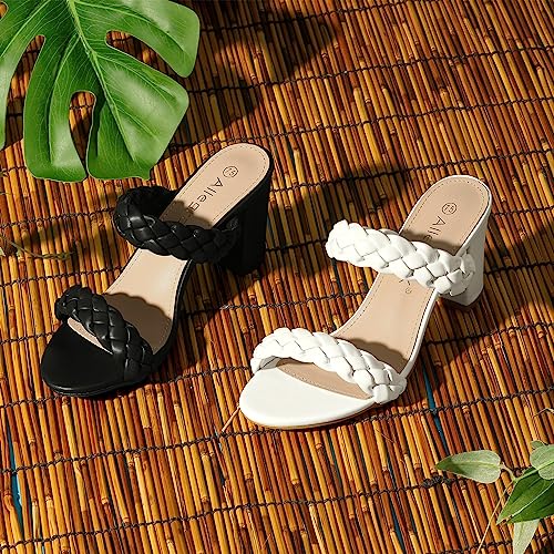 Allegra K Women's Braided Heeled Slip on Chunky Heel Black Slide Sandals - 6 M US