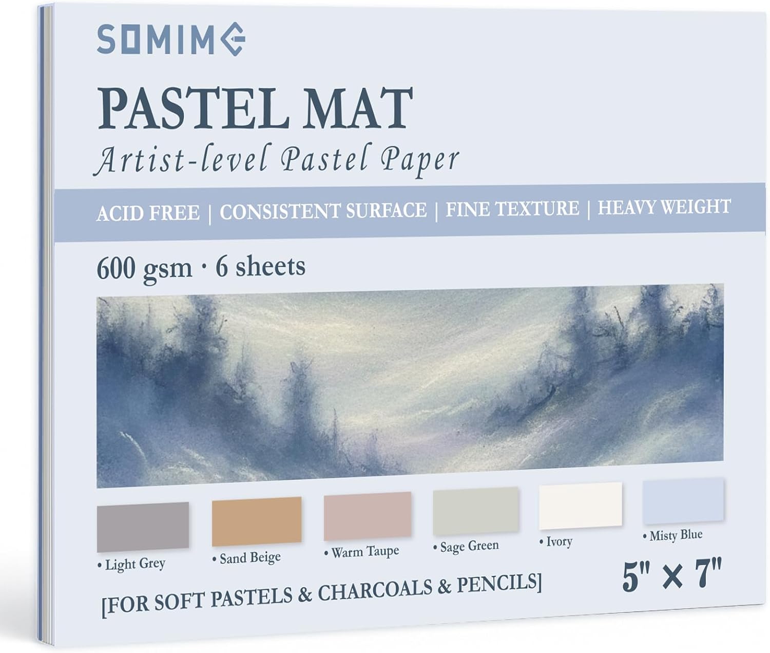 Somime 9x12 Sanded Pastel Paper Pad for Artists, 12 Sheets of 6 Assorted Light Colors Heavyweight Drawing Paper Pad for Pencils and Soft Oil Charcoal Pastels