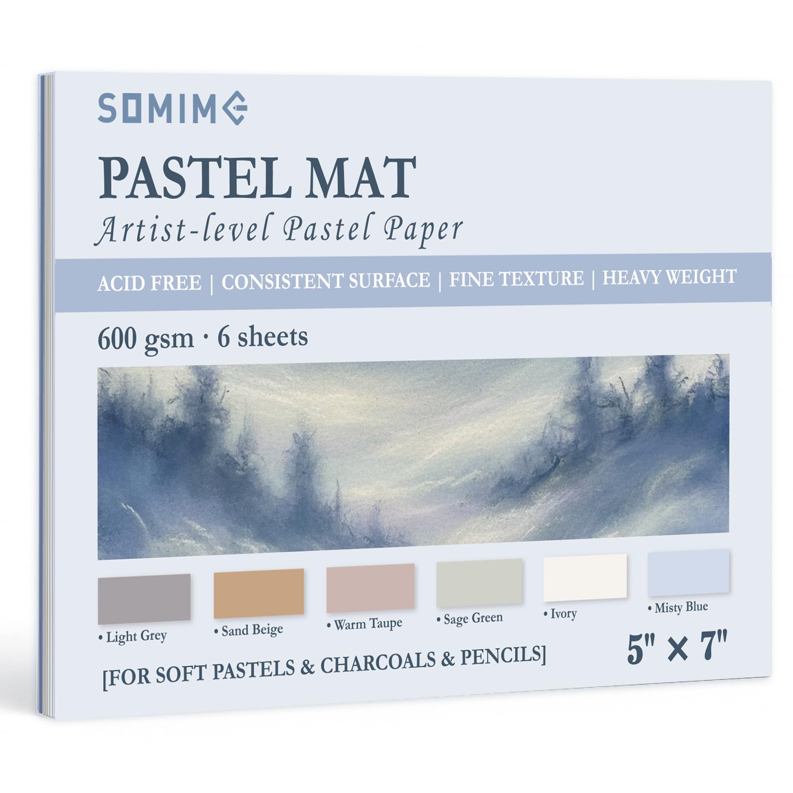 Somime 5x7 600gsm Sanded Pastel Paper Pad, 6 Sheets of 6 Light Colors | Heavyweight Artist Drawing Paper Pad for Pencils and Soft Oil Charcoal Pastels