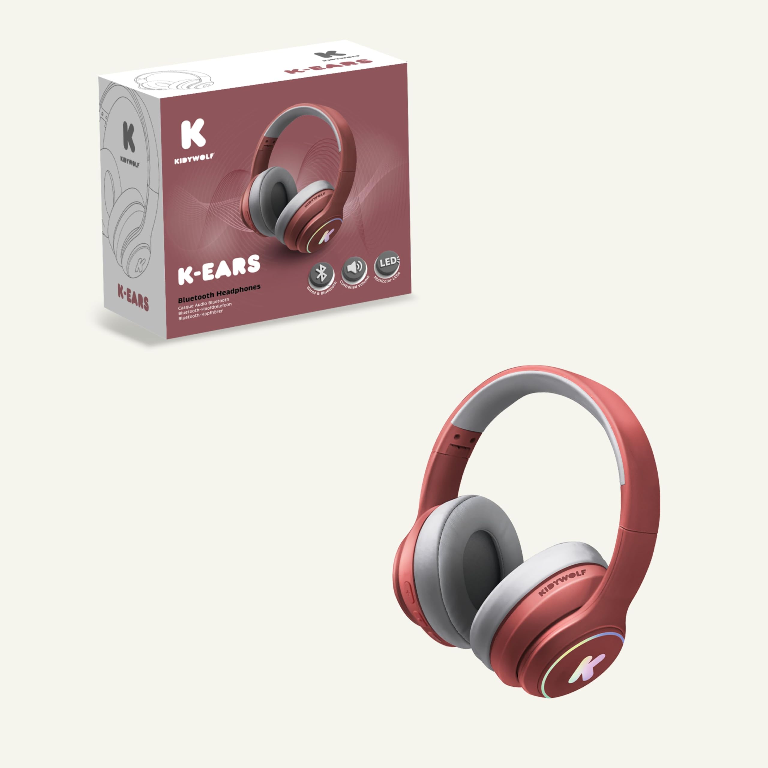 KIDYWOLF - K-Ears Rot - Bluetooth Kopfhörer für Jugendliche - Mit LED-Effekten & 85dB Gehörschutz - Kabellos & Kabel - Ab 8 J.