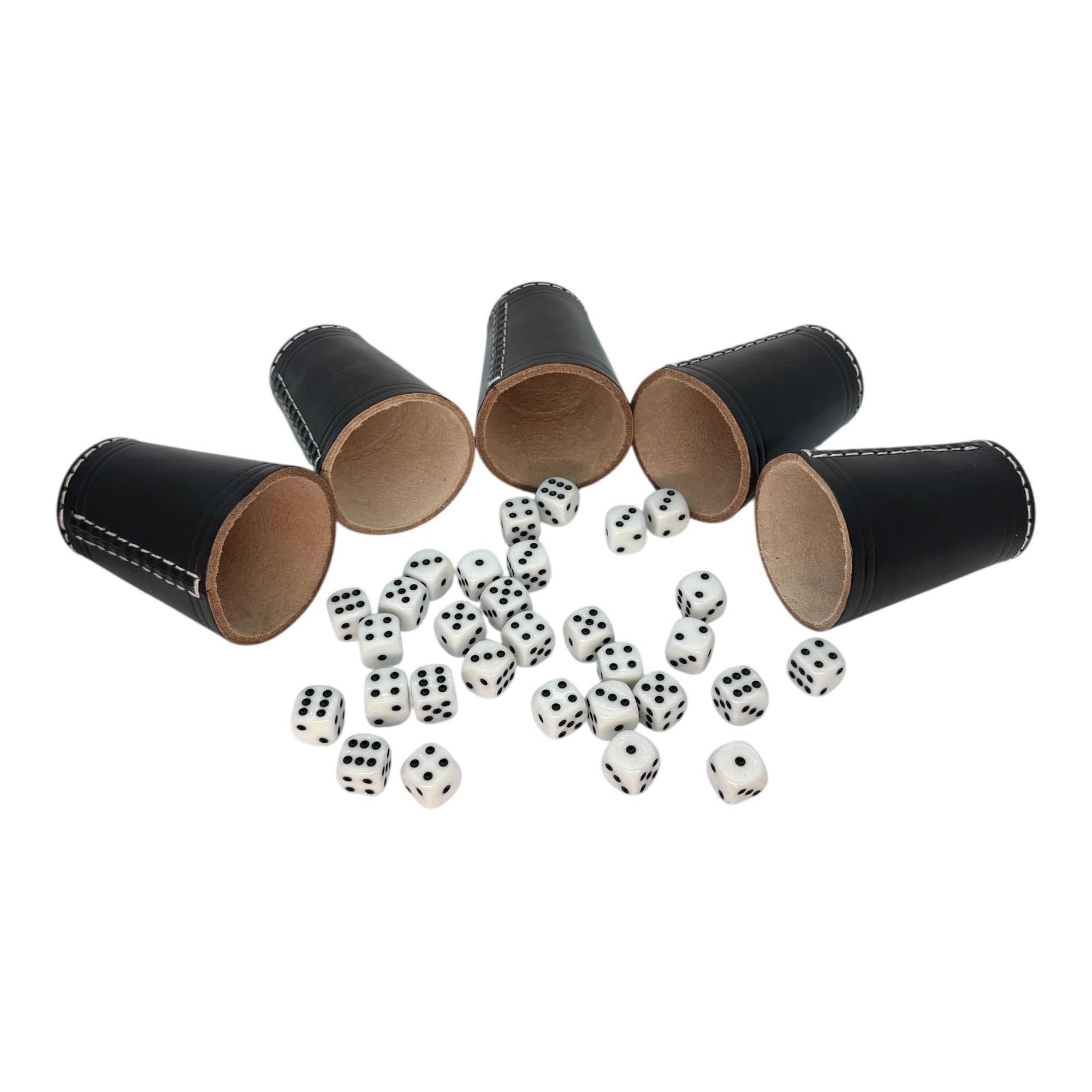 Würfelbecher aus Echtleder 5er Set – inkl. 30 Würfel (16 mm) – Handgefertigte Premium Lederbecher – Schwarz – 9 cm Höhe, 7 cm Ø – für Spieleabende