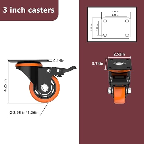 Miniatura 3 de Ruedas giratorias de 3 pulgadas, juego de 4 ruedas naranjas, ruedas resistentes con freno de 2300 libras, ruedas giratorias industriales con bloqueo