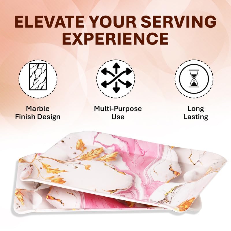 Image of Golden Fish Floral Print Serving Tray Set of 2 Medium Size for Kitchen Dining and Tea Serving Rectangular Melamine Snack Tray Lightweight Durable Multipurpose Food Serving Tray Home and Party Use