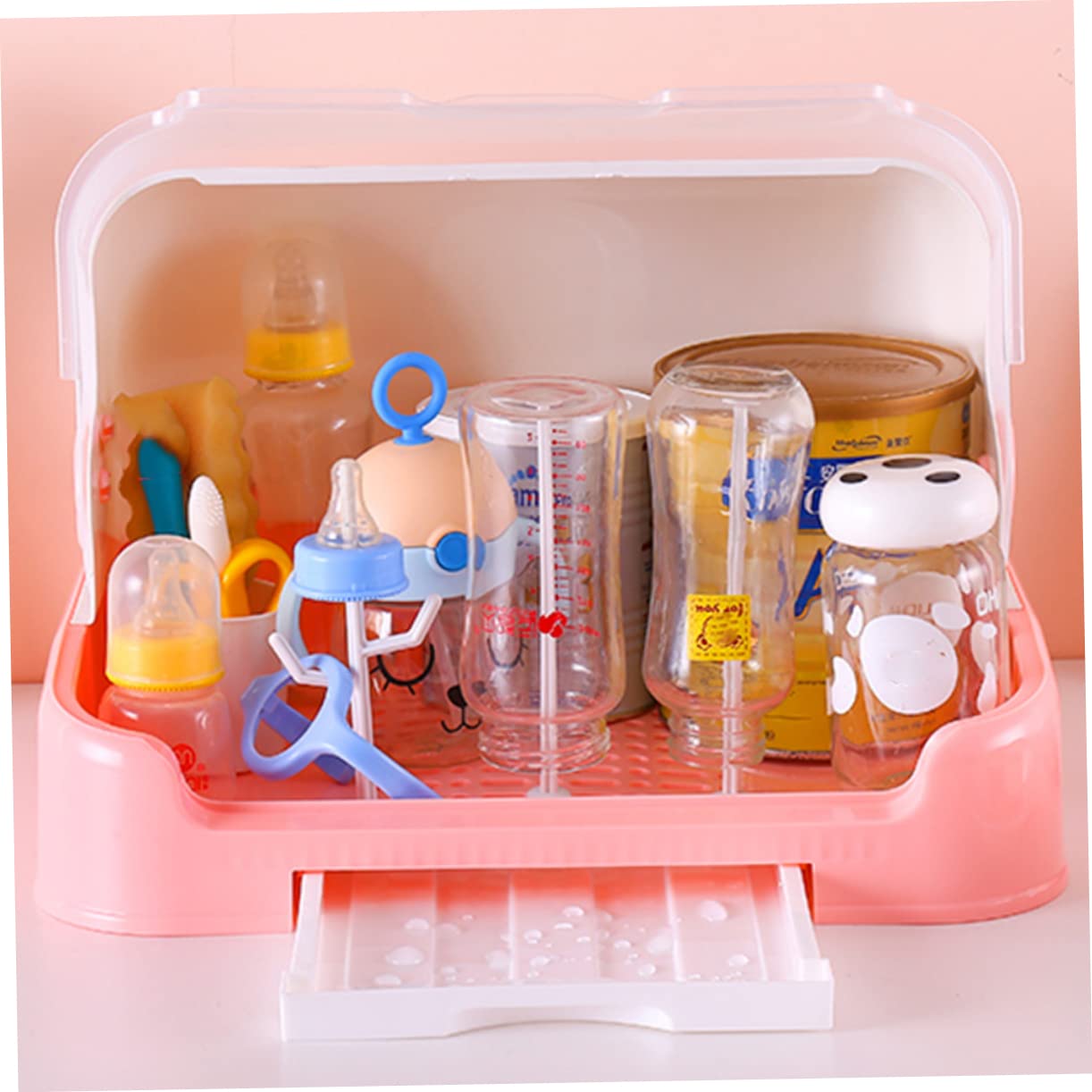 Égouttoir à Biberons Bébé avec Couvercle et Bac D’égouttage PP Rose | Cuisine et Placard, Surface Lisse, Organise aussi Vaisselle et Tasses, Format Pratique pour Rangement