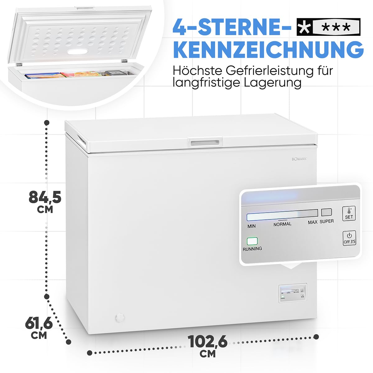 Bomann Congélateur Coffre 198L Blanc GT7356 4 Étoiles Éclairage LED Contrôle Électronique Super Congélation 12 kg/24h
