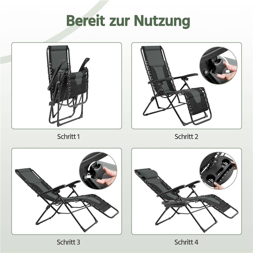 Yaheetech Sonnenliege Klappbar Wetterfest, Ergonomisches Gartenstuhl Gartenliege mit Verstellbarer Rückenlehne, Relaxliege inkl. Nackenkissen & Getränkehalter, Schwarz & Grau | Ergonomisches Gartenstuhl Gartenliege Relaxliege inkl. Nackenkissen & Getränke