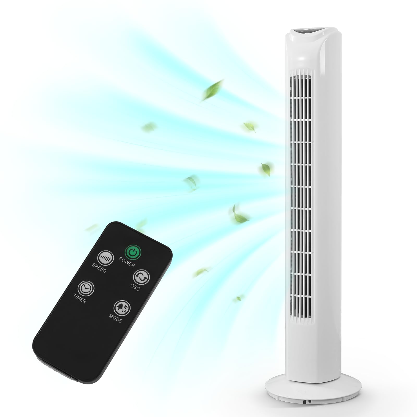 CURECURE32 Inch Oscillating Tower Fan with Remote Control, 0.5-7.5H Timer, 2 Modes, 3 Fan Speeds, 70° Oscillating Bladeless Floor Fan for Bedroom Home Office, White