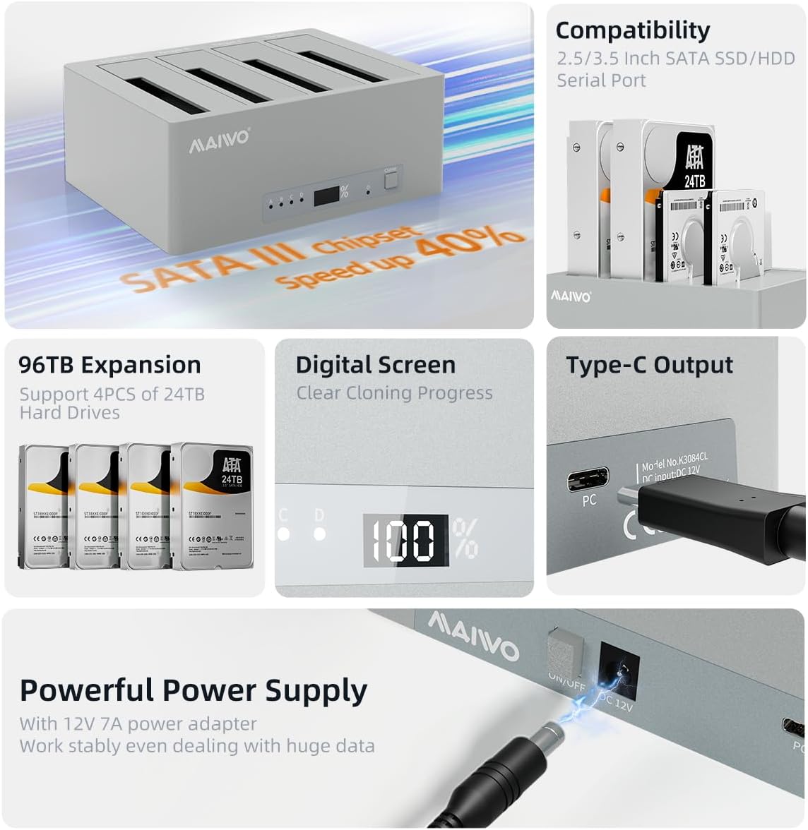 MAIWO Hard Drive Docking Station Offline Cloner 4 Bay USB-C SATA III Chipset, Support 2.5 3.5 Inch SATA HDDs SSDs, 96TB Capacity, External HDD Duplicator with UASP