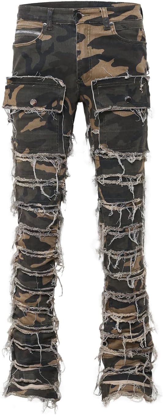 Men's Trendy Camouflage Stacked Splicing Elastic Mid Waist Workwear Pocket Jeans