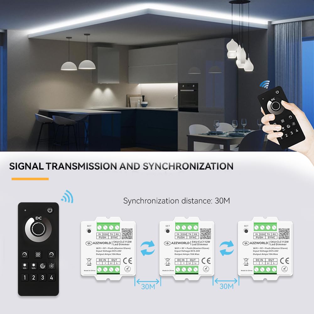 Kit variateur LED WiFi bouton avec télécommande RF, 5 V, 12 V, 24 V, 10 A, Master Slave, mémoire et synchronisable, application Tuya Smart Life, bande LED 3 en 1, WiFi + Push + télécommande