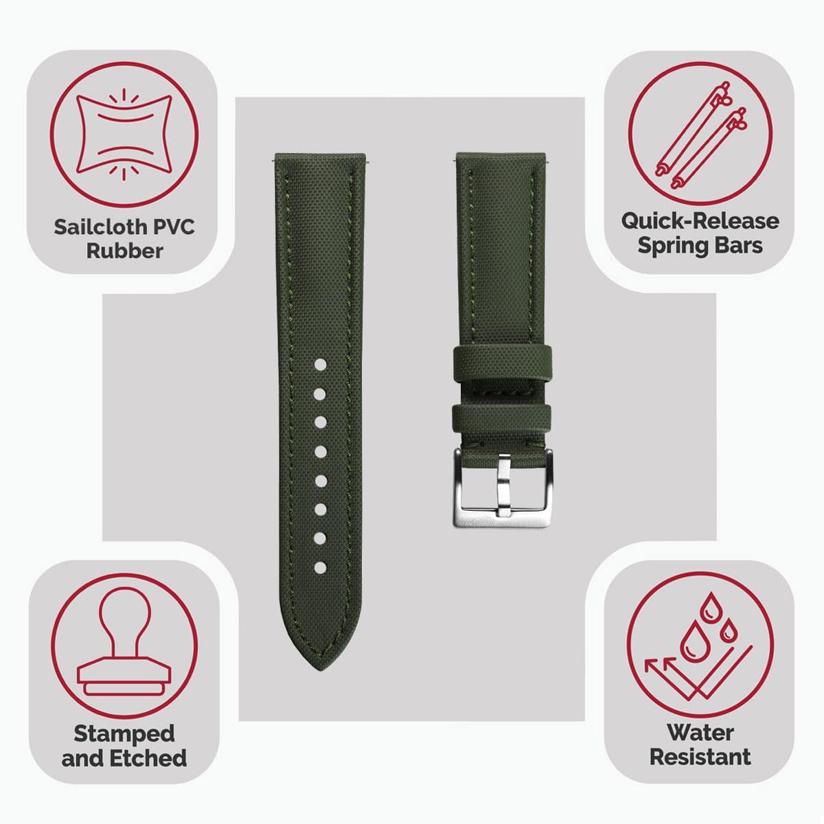 WatchGecko Correa Atlas de lona náutica | Correa de reloj de recambio impermeable de PVC, con textura de lona náutica, acolchada y flexible para mayor comodidad