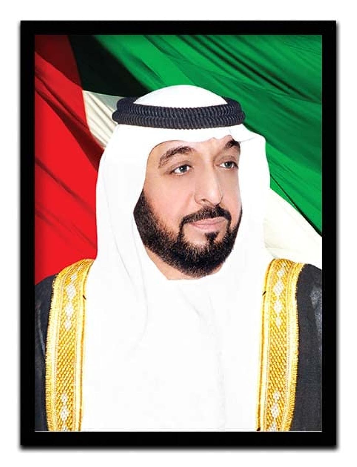 Spoil Your Wall Sheikh Khalifa Bin Zayed Al Nahyan Flag Background | Digitally Printed Poster with Frame | Arts Home Decor Photo Frames | Size 40x55cm Color: Black