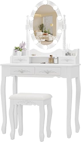 Miniatura 9 de Alohappy Juego de tocador de maquillaje para niñas, tocador con espejo iluminado y taburete, mesa de maquillaje con 4 cajones para dormitorio, baño