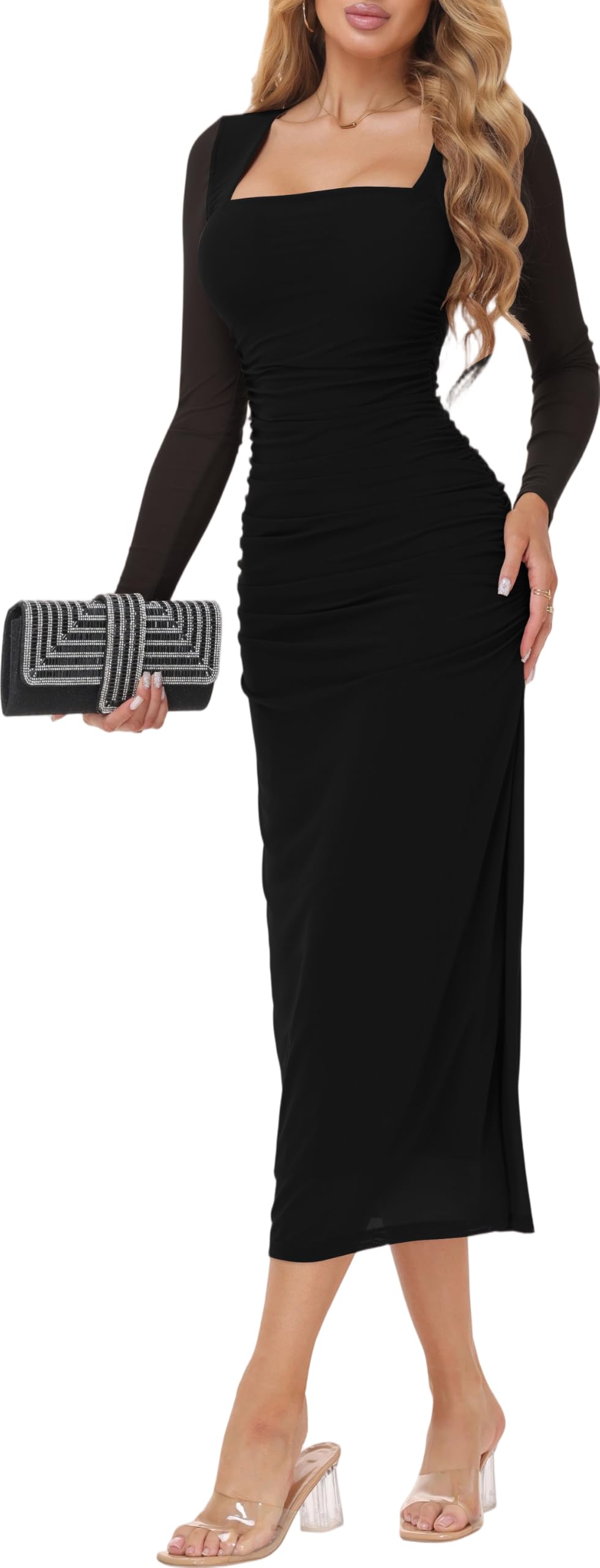 ELFIN Damen Kleider Elegant Mesh Langarm Bodycon Maxi Kleid Partykleid