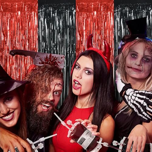 Image of BEISHIDA 4 Pcs Red and Black Door Streamers Foil Curtain Red and Black Party Decoration Backdrop for Casino Theme Scream Halloween Supplies Graduation Birthday Party Decorations (3.28 ft x 6.56 ft)
