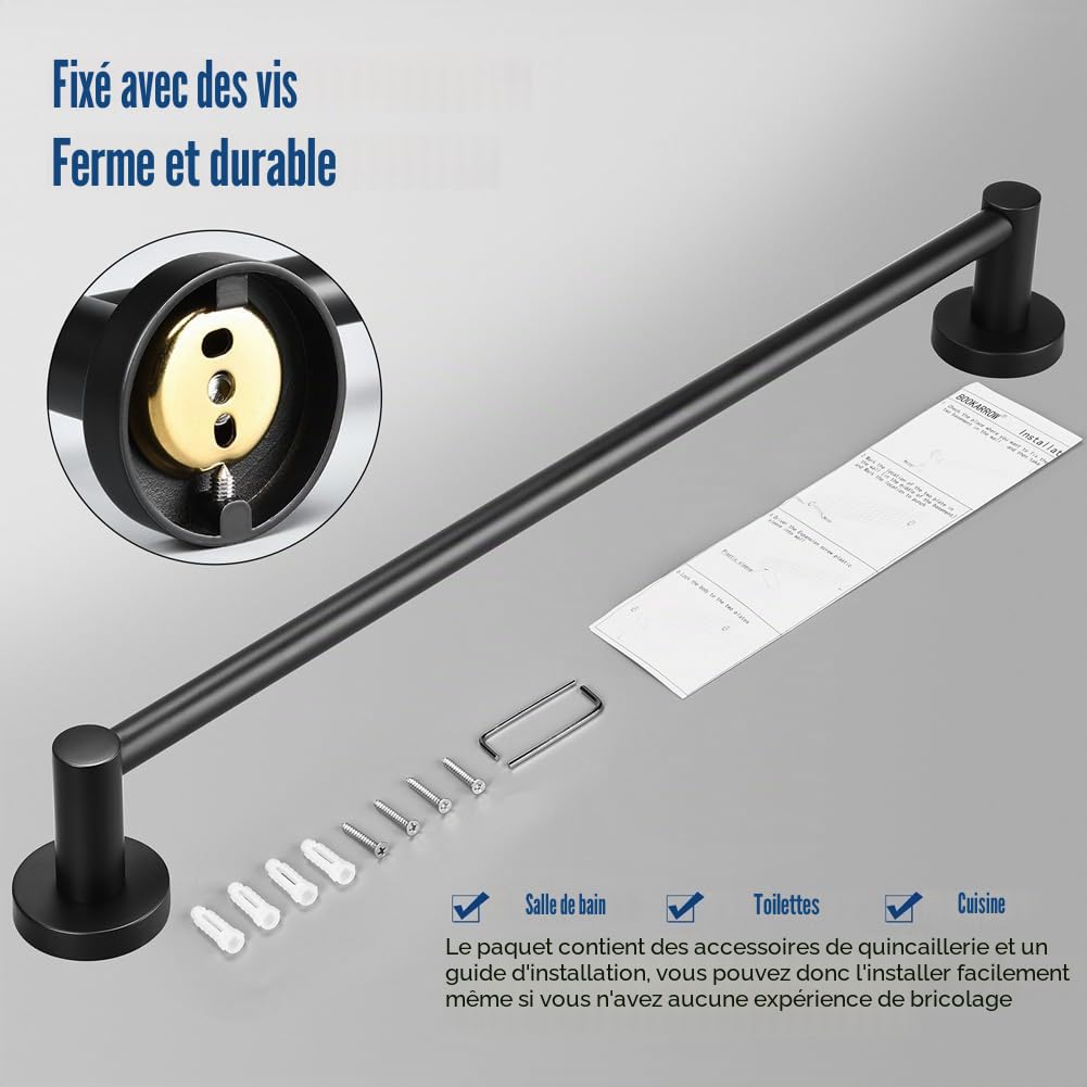 B39812K-50 Porte-serviettes mural rond pour salle de bain, cuisine ou chambre à coucher Noir mat 50 cm