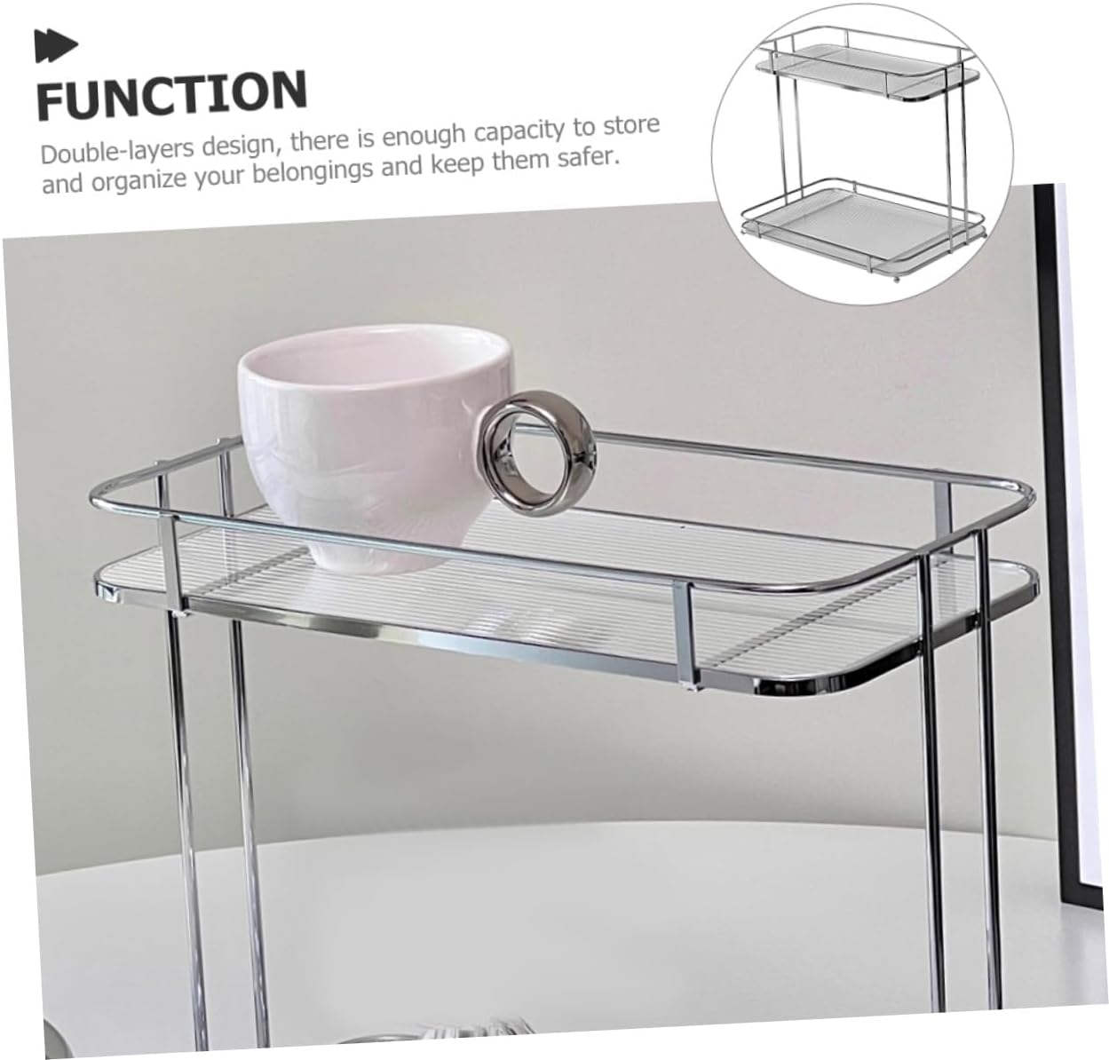 Acrylic Bathroom Countertop Organizer Shelf Transparent Striped Cosmetic Storage Rack with Silver Frame Space-saving Desktop Holder for Toiletries and Makeup Sturdy and Easy to