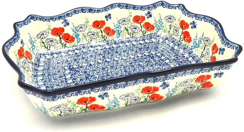 Polish Pottery Baker - Scalloped Rectangular - Red Poppy Garden