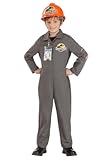 Jurassic Park Employee Kids Costume | Gray Twill Jumpsuit With Printed Graphics and Badge, Hard Hat Accessory