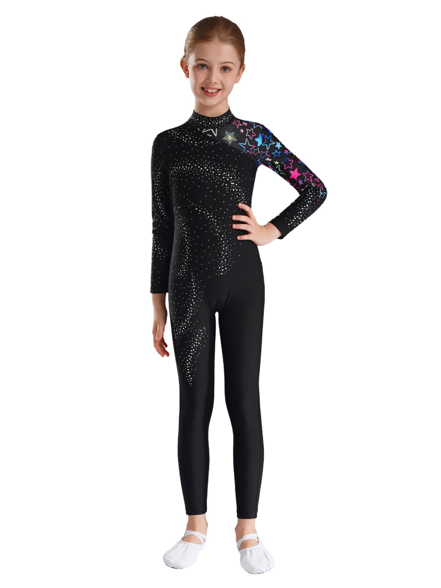 JEATHA Kids Girls Long Sleeve Rhinestone Gymnastic Leotard Dance Unitard  Full Body Jumpsuit One Piece Bodysuit