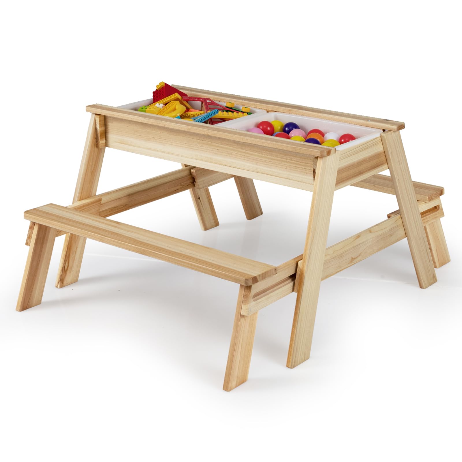 GOPLUS Mesa de Picnic de Madera para Niños, Conjunto de Mesa y Bancos 4 en 1 con Tablero Desmontable y 2 Cajas de Arena Extraíbles, Mueble de Actividades de Arena y Agua para Interior y Exterior