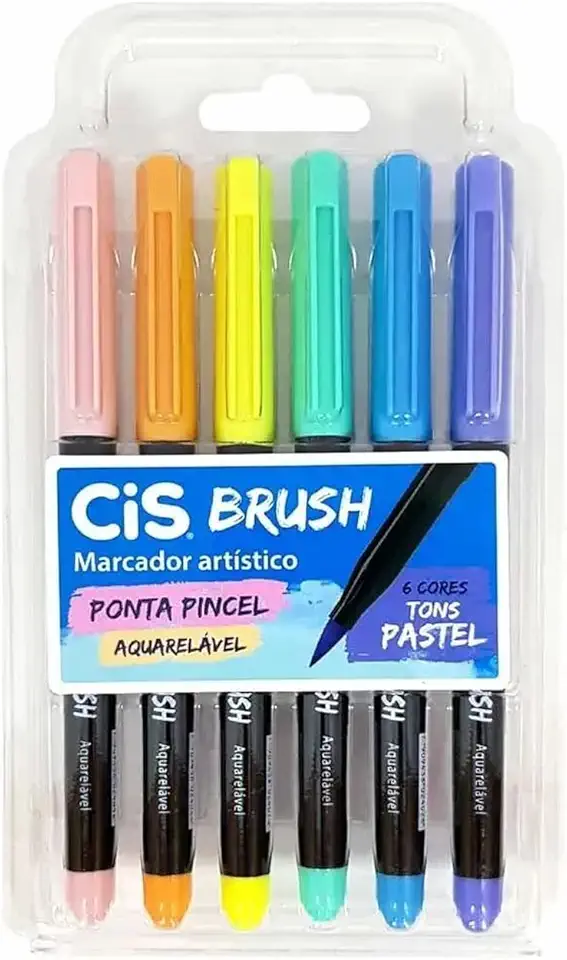 Caneta pincel Brush Aquarelável com 6 cores tons pastel Cis