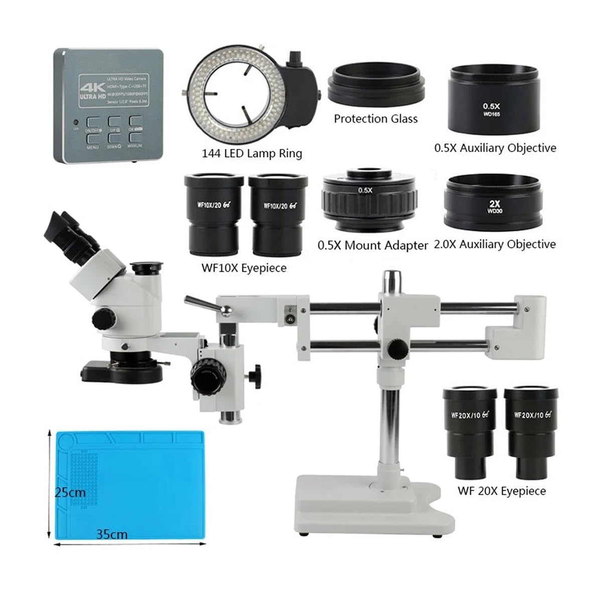 Microscope 8.3MP 4K 1080P Type C HDMI Camera 3.5X-90X 180X Simul-Focus Parfocal Trinocular Stereo Microscope Double Boom with Barlow Lens(White)