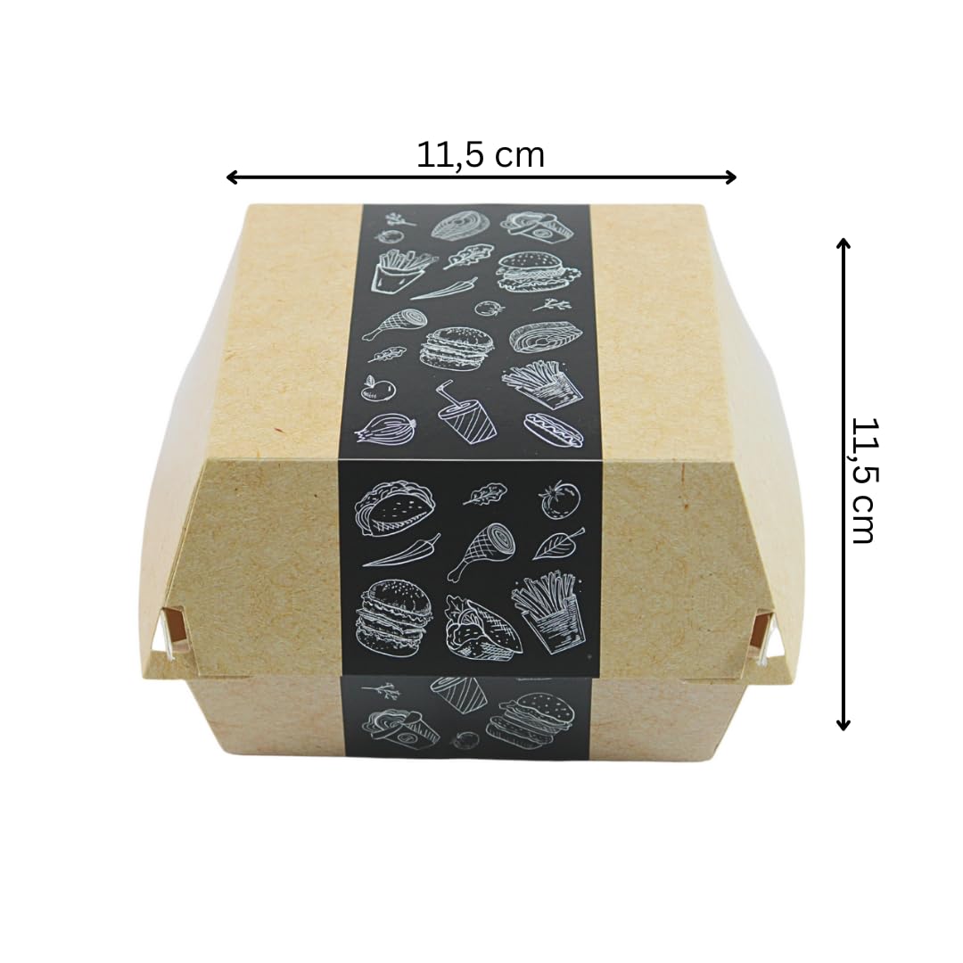 Enpack Burger-Boxen aus Kraftpapier Beige – 100 Stück – 11,5 × 11,5 × 5 cm – Einweg Burger-Schalen mit Klappdeckel, innen beschichtet – Snackbox To Go für Burger, Sandwich & Pommes