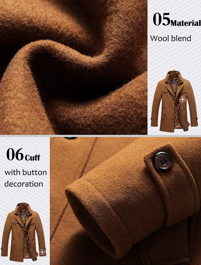 FTCayanz Cappotto di lana da uomo invernale slim fit cappotti monopetto trapuntato foderato trench giacca