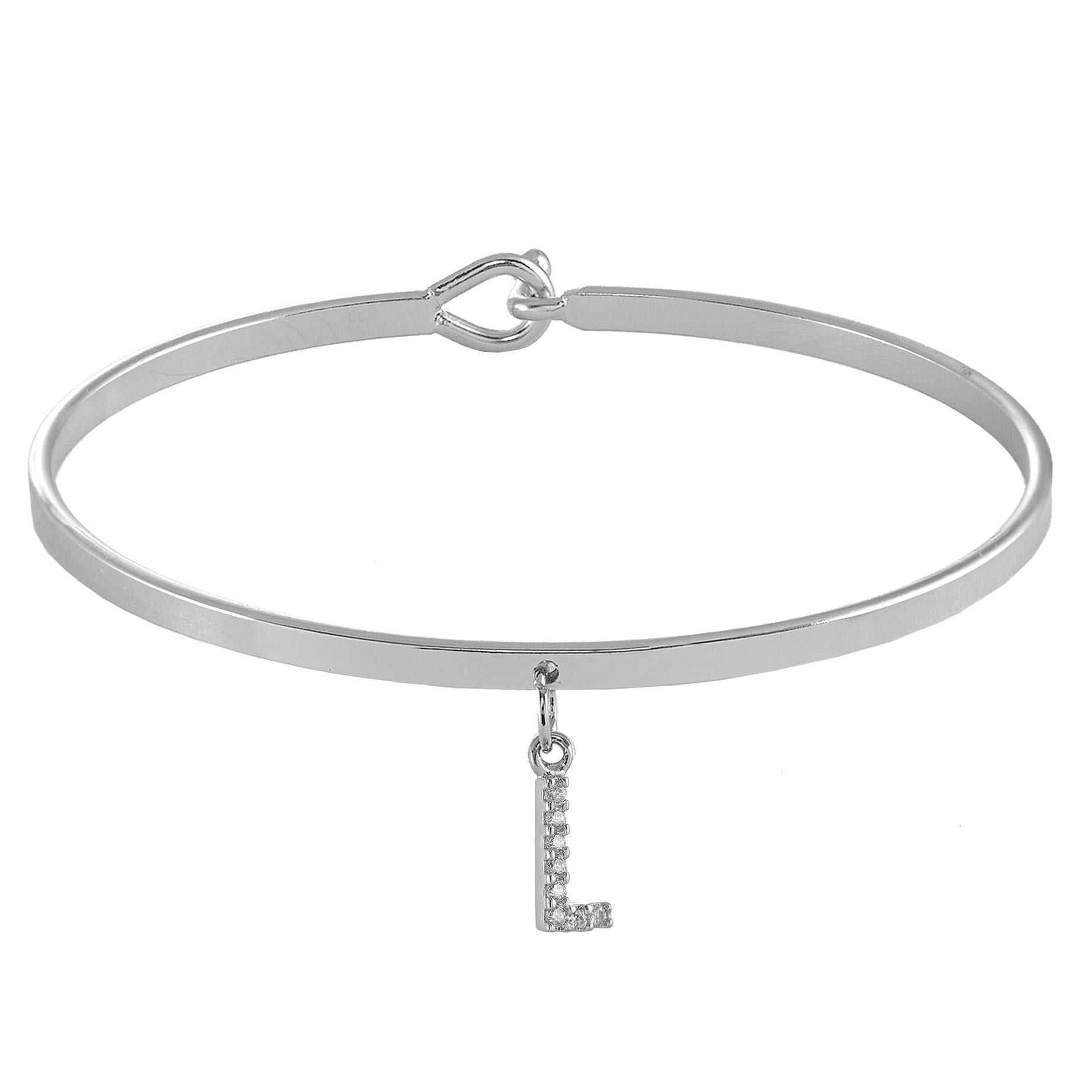 Spinningdaisy Dangling Crystal Initial Charm Cuff Bracelet (L Silver)
