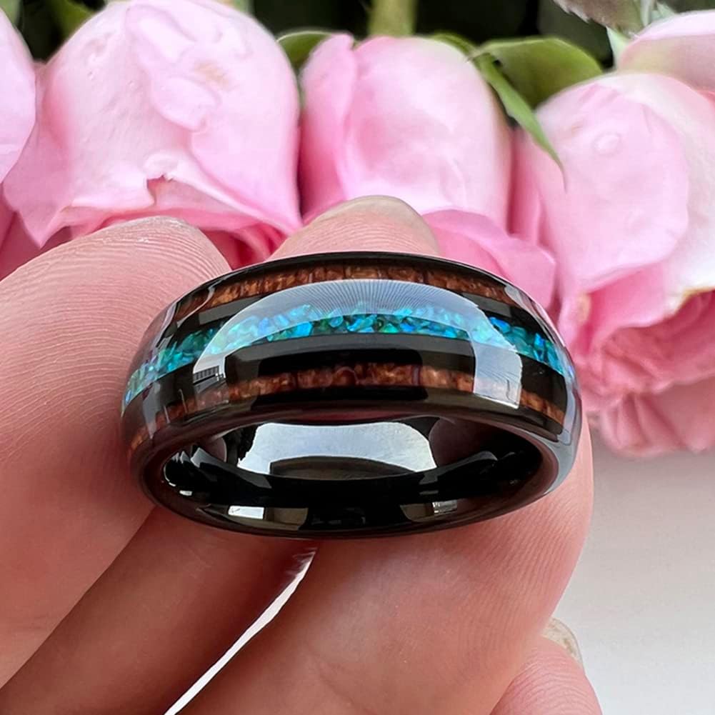 8mm Silver/Black/Gunmetal/Rose Gold Tungsten Rings for Men Women Engagement Wedding Bands Koa Wood Green Opal Inlay Domed I Love You Engraved Comfort Fit - Image 3