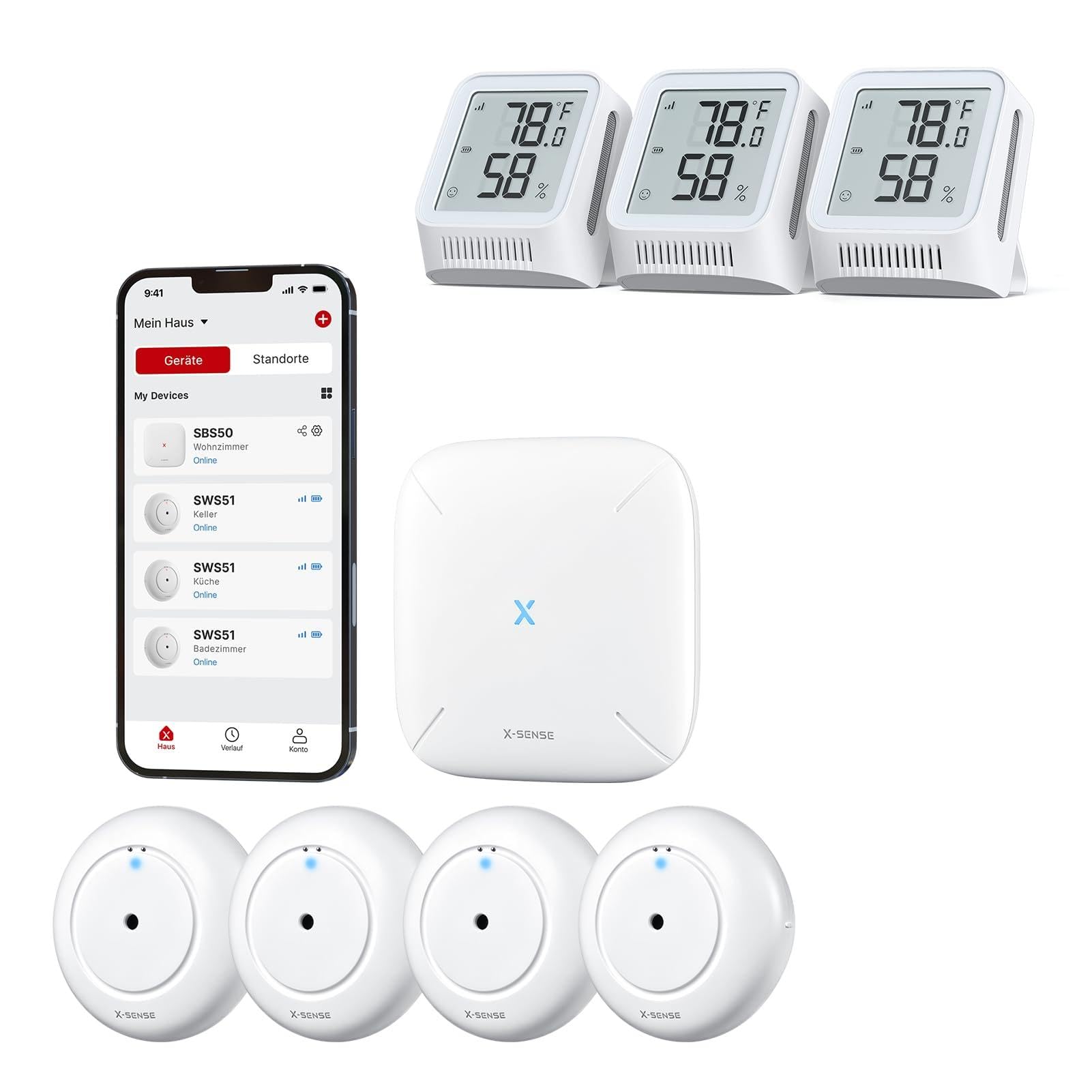 X-Sense Smart Wassermelder mit Batterie,WLAN Hygrometer Thermometer Innen mit LCD-Display, 5 Sensoren und Basisstation SBS50