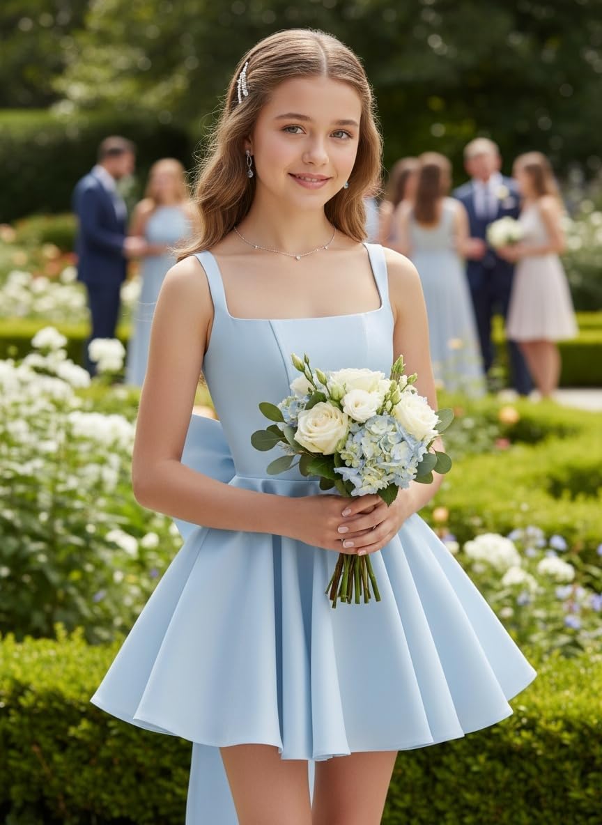 Satin Homecoming Dress with Bow Satin Flower Girl Dresses for Wedding Short Prom Dress Party Gown - Image 6
