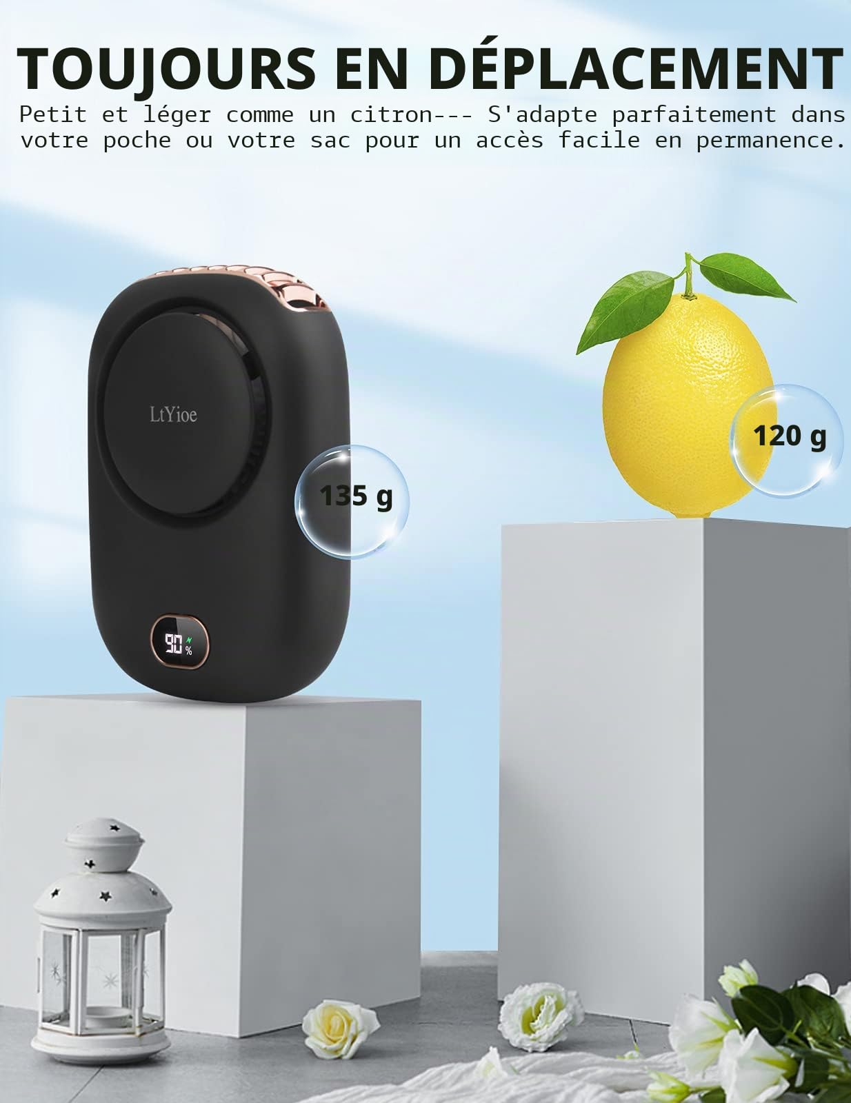 LtYioe Mini ventilateur portable USB avec 3 vitesses réglables, multifonctionnel, batterie rechargeable et écran LED pour voyages, maison, extérieur, bureau (noir)