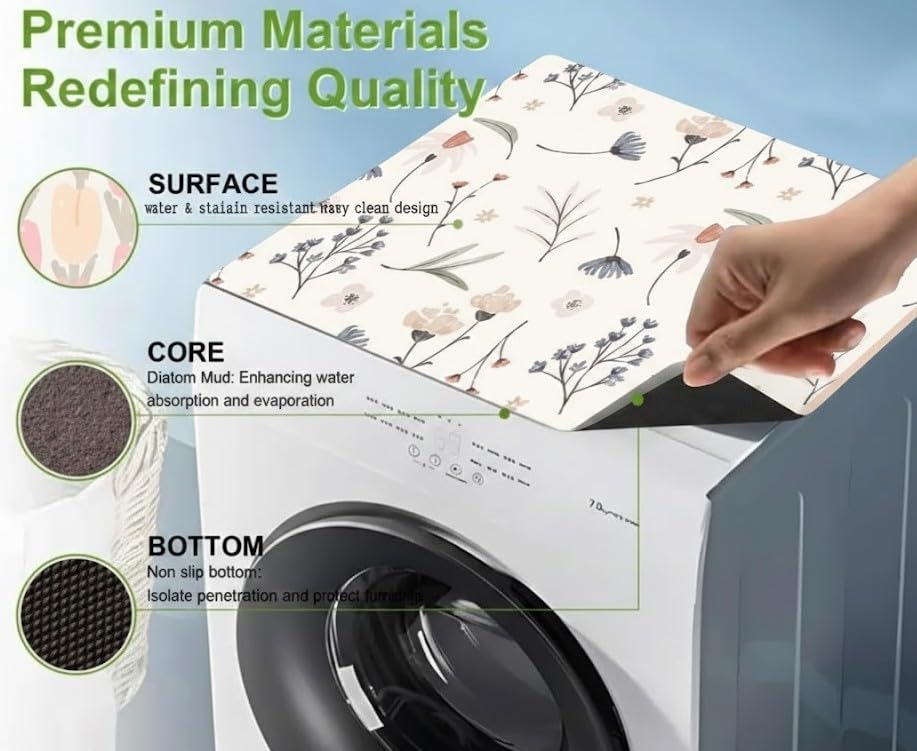Image of HomeCloud Washing Machine Protective Mat for Top of Washer and Dryer - Non-Slip Waterproof Dust Cover for Laundry & Kitchen (60 x 60) (Beige Purple Flower)