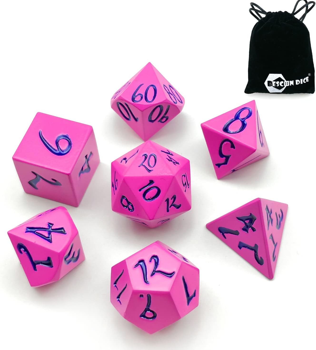 Bescon Fresh New Solid Metal Dice Set Deep Pink with Blue Numbers,Metal Miniature Polyhedral dice Set of 7 for Role Playing Games
