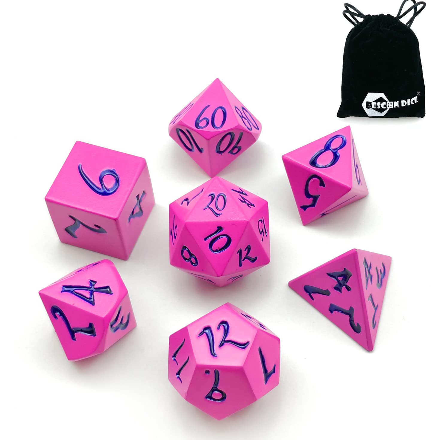 Bescon Fresh New Solid Metal Dice Set Deep Pink with Black Numbers,Metal Miniature Polyhedral Dice Set of 7 for Role Playing Games