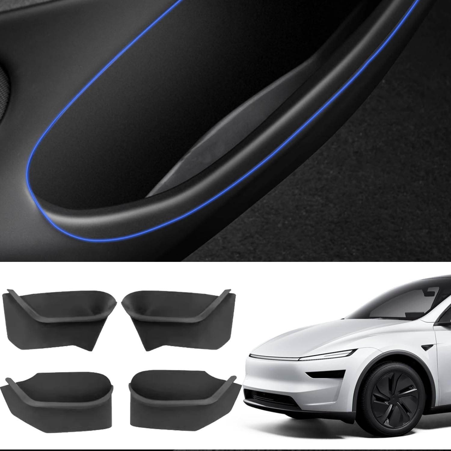 TOPABYTE Pudełko do przechowywania po bokach drzwi w pełni owinięte do Tesla Model Y Juniper 2025 2026 4 szt. organizer na przednie i tylne drzwi taca TPE kieszenie wkładka ochraniacz do modelu Y