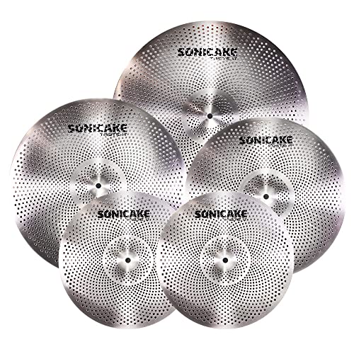 SONICAKE Juego de platillos de bajo volumen 14" HiHat+16" Crash+18" Crash+20" Ride Cymbal Set Sliver 5 piezas
