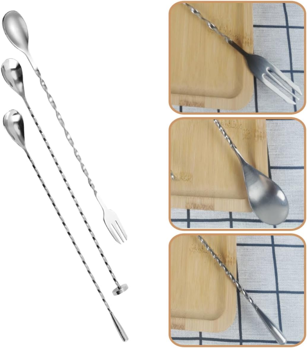 3pcs 304 Stainless Steel Long Cocktail Stirring Spoons Bar Accessories with Small Spoon, and Flat Head for Mixing Drinks and Coffee
