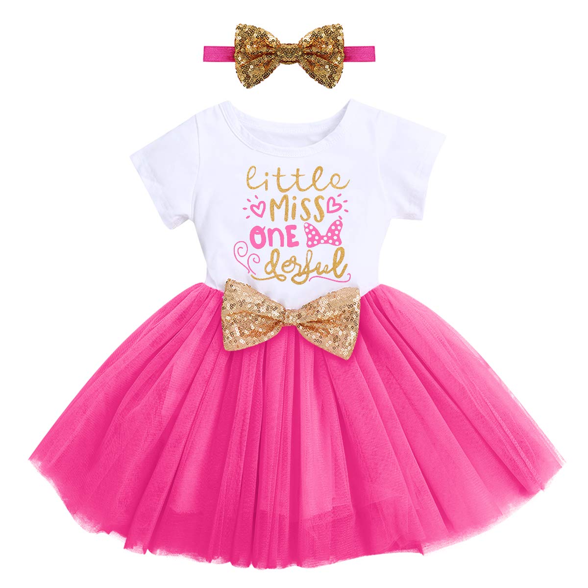 My 1st 3rd Birthday Party Dress for Baby Girls Princess Shiny Sequin Bow Tutu Gown Infant Toddler Polka Dot Tulle Skirt with Headband Clothes Set Hot Pink - Little Miss One Derful (2PCS) 1 Year