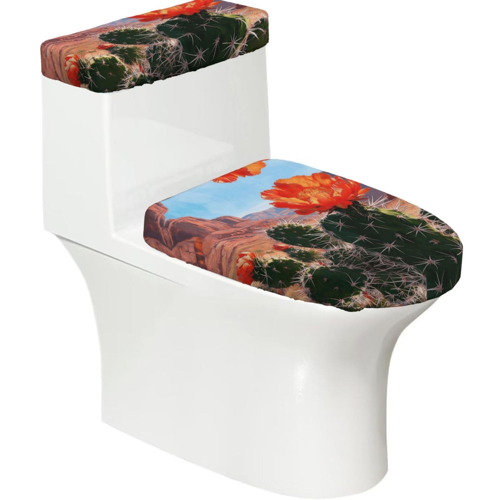 Cactus Print Elastic Toilet Cover Set of 2-Stretchy Lid and Tank Covers for Bathroom, Soft Washable U Shape Toilet Decor