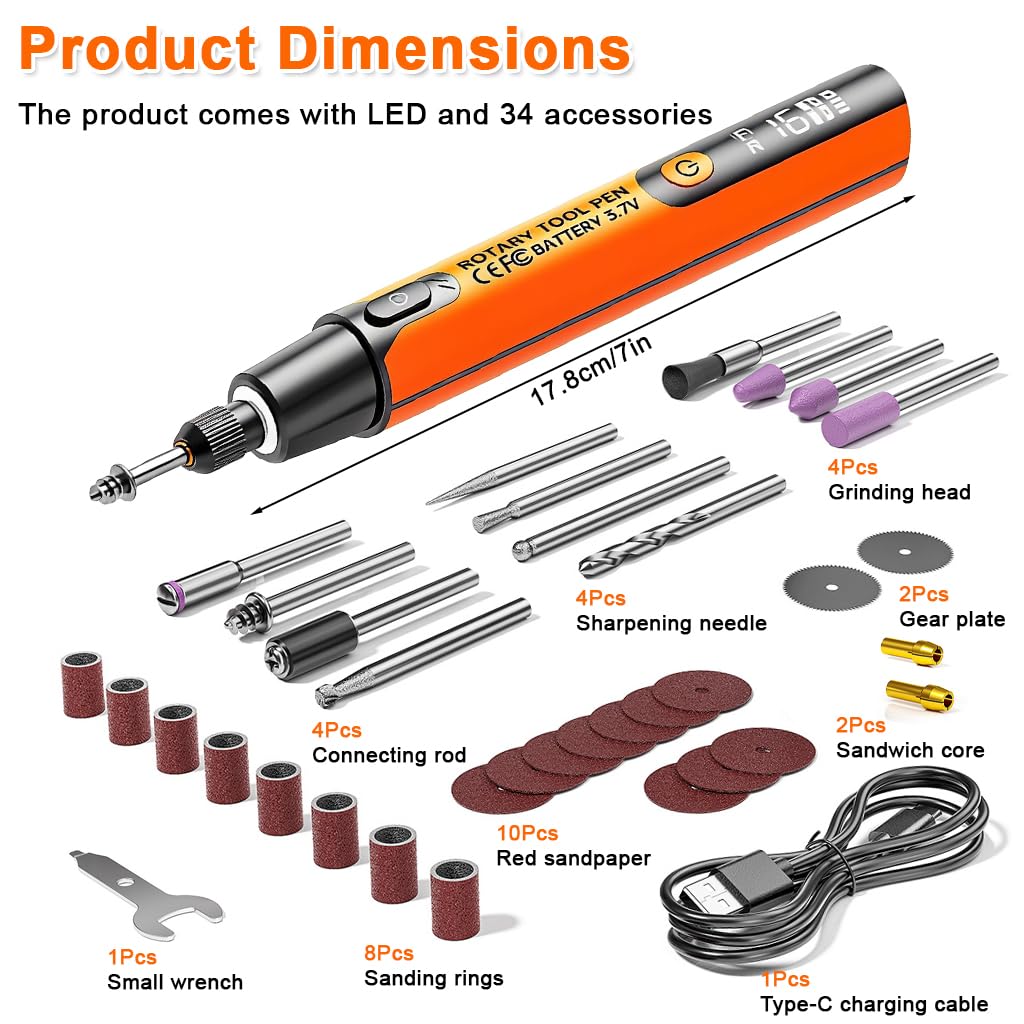 Verilux® Mini Cordless Rotary Tool Kit with 34Pcs Accessories, 5000-16000RPM, 3.7V 6-Speed Adjustable Rotary Tool with LCD Display, Light & Tool Box, Drill Machine for Engraving, Sanding, Grinding 3