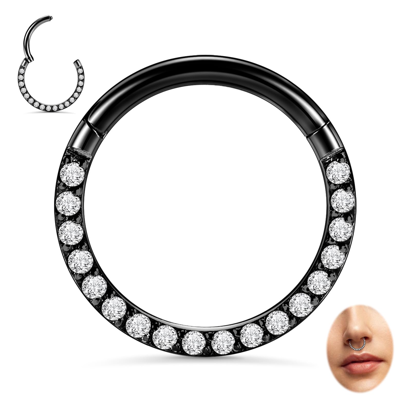 PEAKLINK 16G 18G 316L Stainless Steel CZ/OPAL Septum Piercing Septum Clicker Ring Hinged Nose Ring Daith Earrings Conch Piercing Jewelry Helix